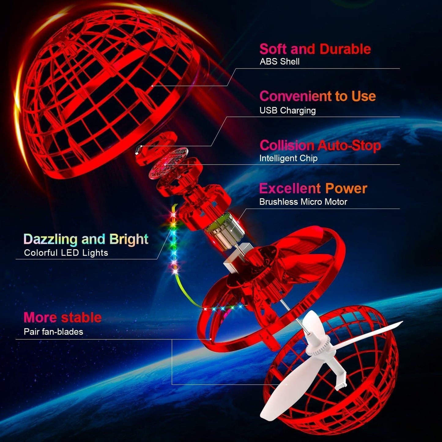 RSNG Flying Orb Ball Spinner Mini Drone 360 Rotating LED Toy Red