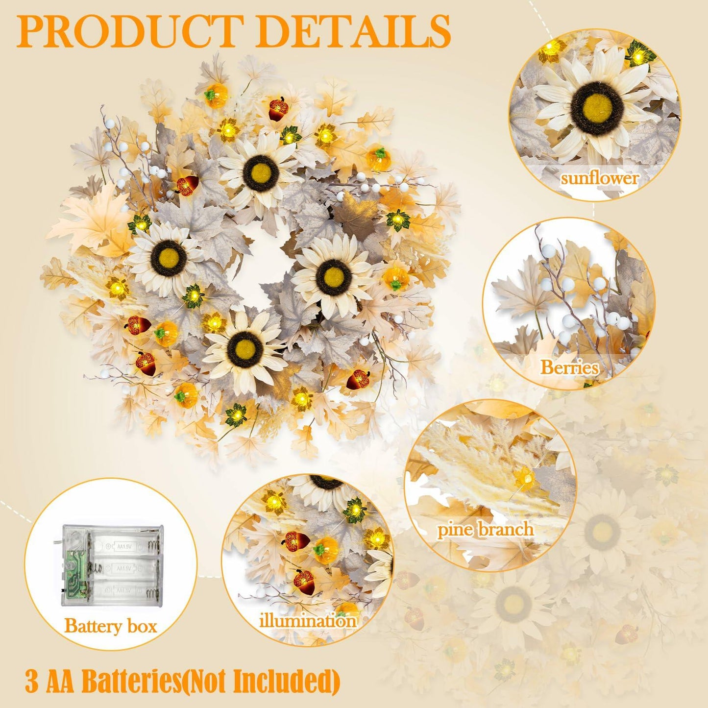 26" Lighted Sunflower Wreath