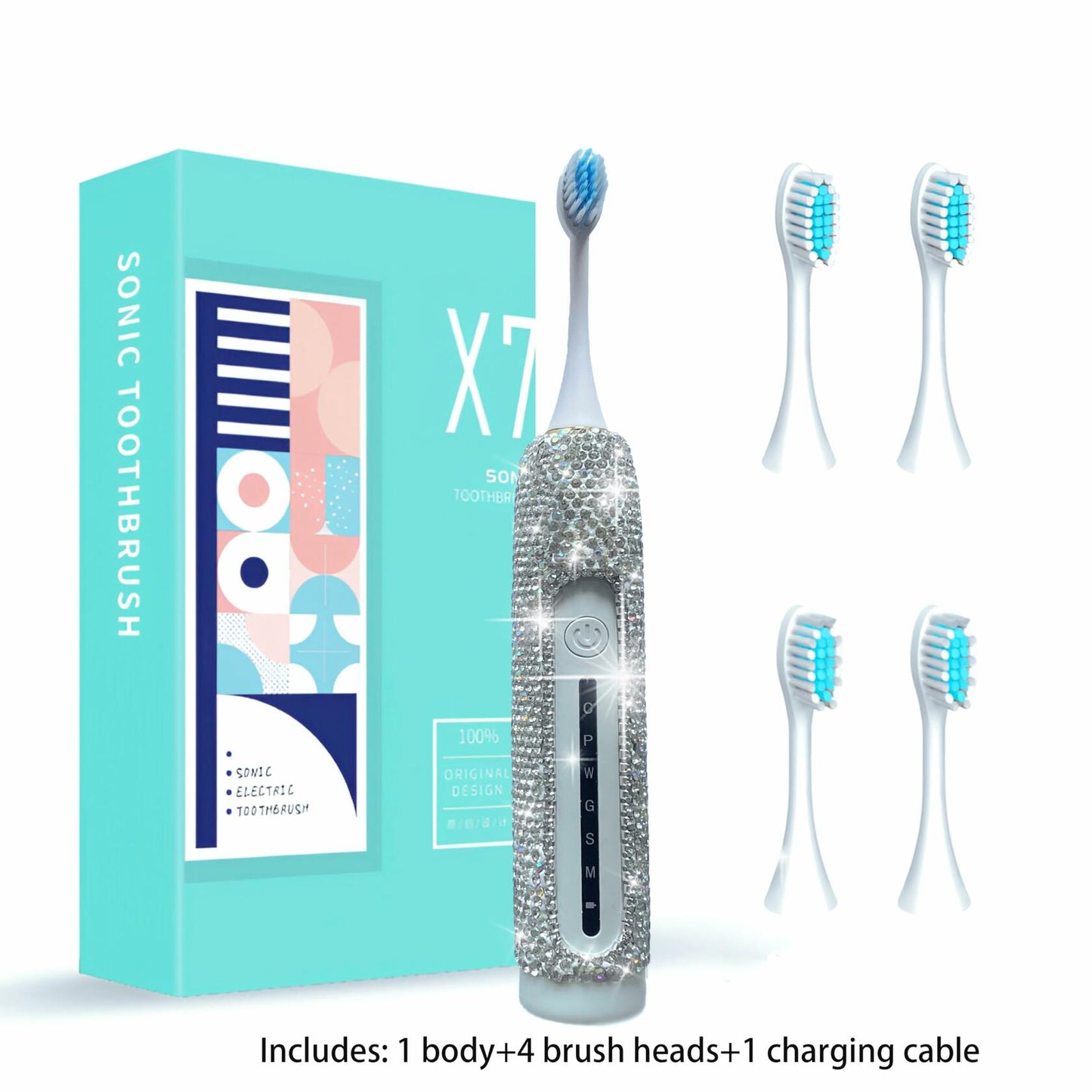 Silver Bling Electric Toothbrush - 3 Heads - 6 Modes Portable