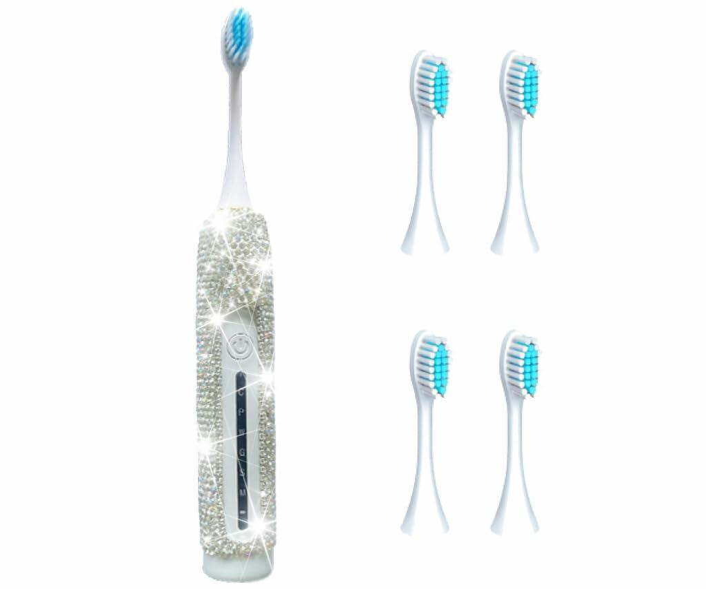 VFUIFRYI Electric Toothbrush Silver Bling 3 Heads 6 Modes Portable