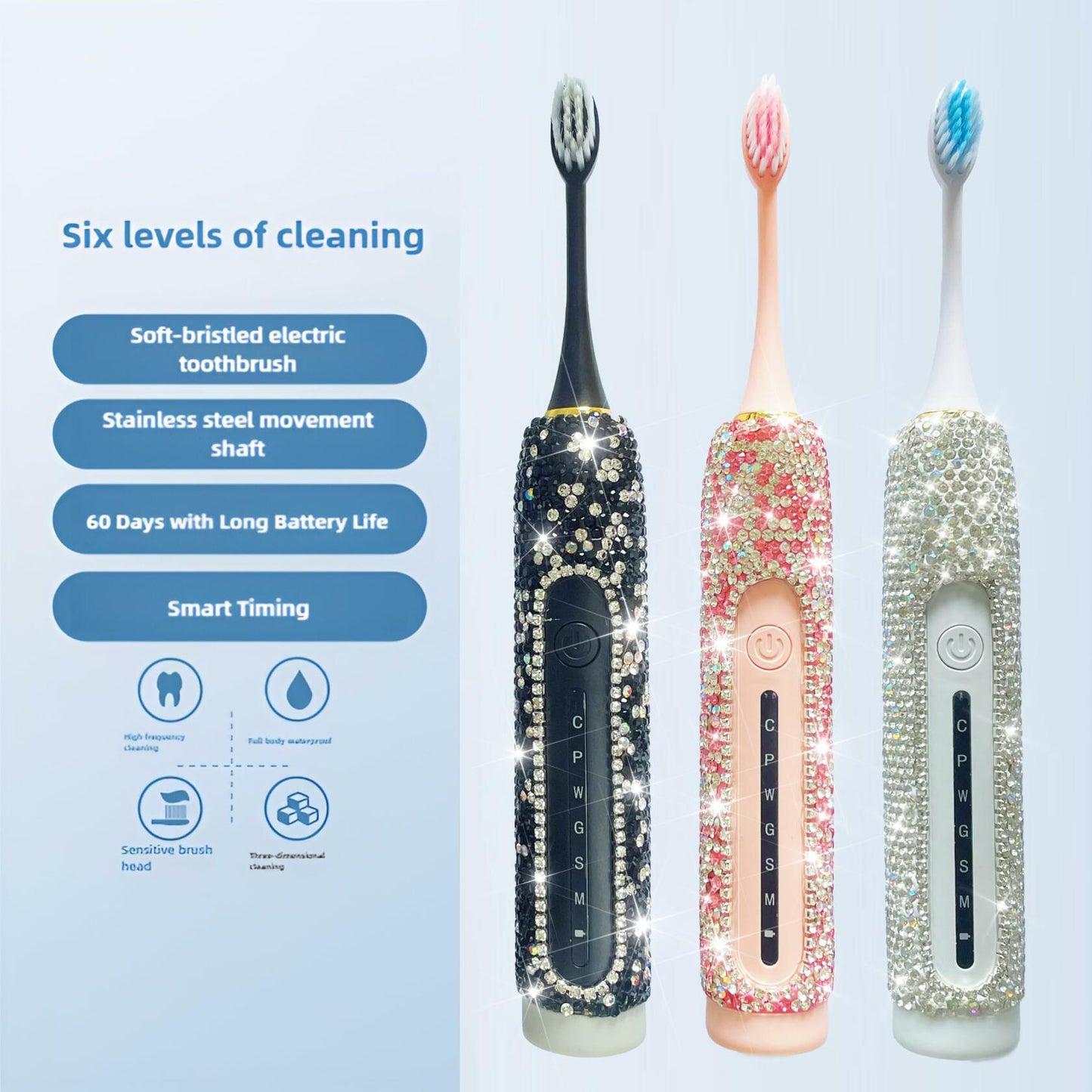 Silver Bling Electric Toothbrush - 3 Heads - 6 Modes Portable