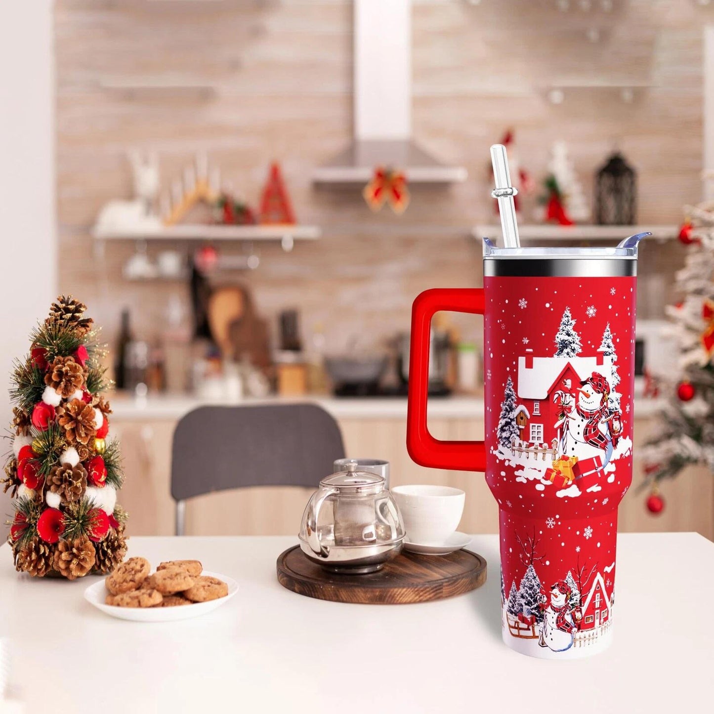 aiwkjdns 40oz Stainless Steel Merry Christmas Tumbler Handle Straw Red Snowman