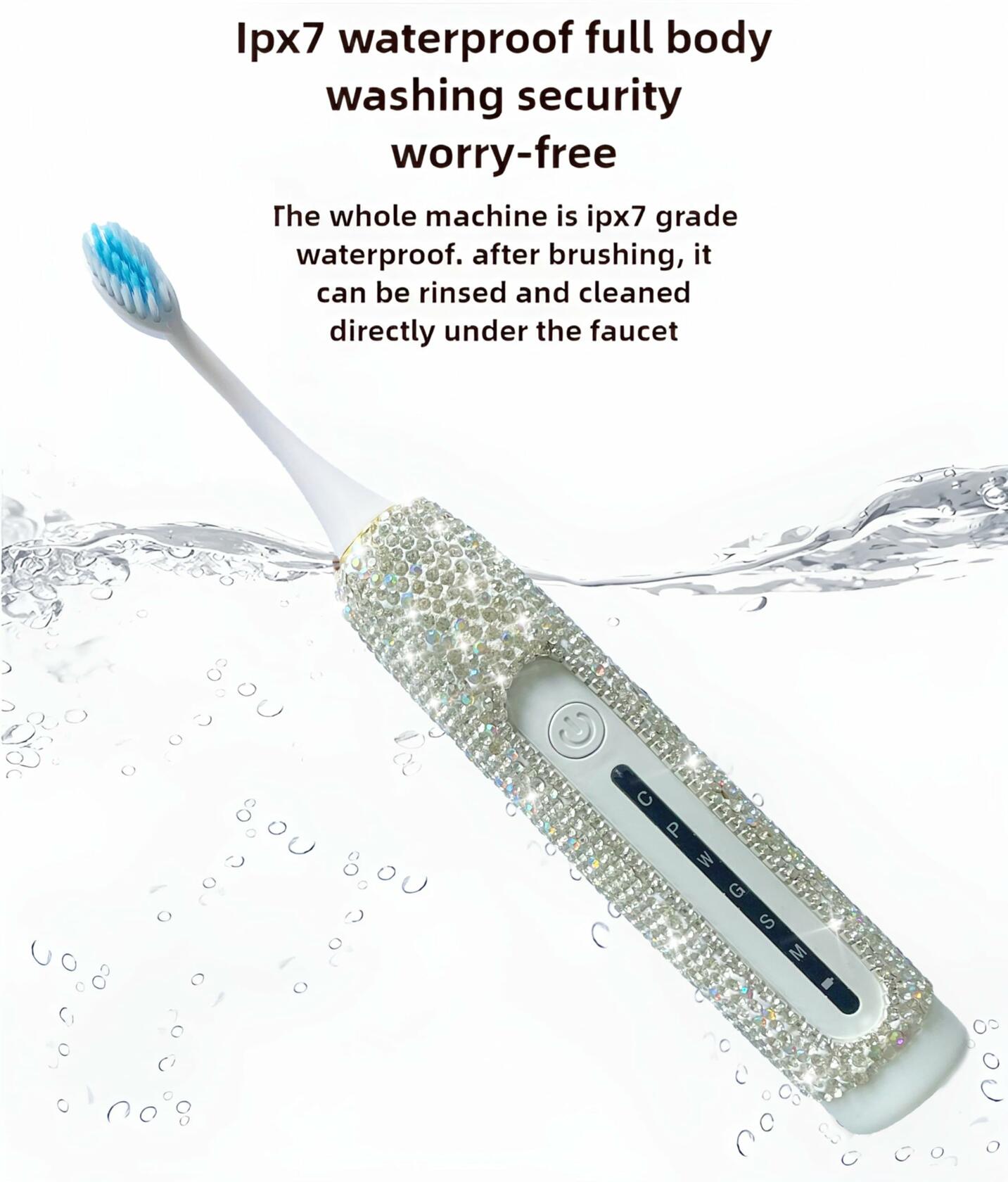 Silver Bling Electric Toothbrush - 3 Heads - 6 Modes Portable