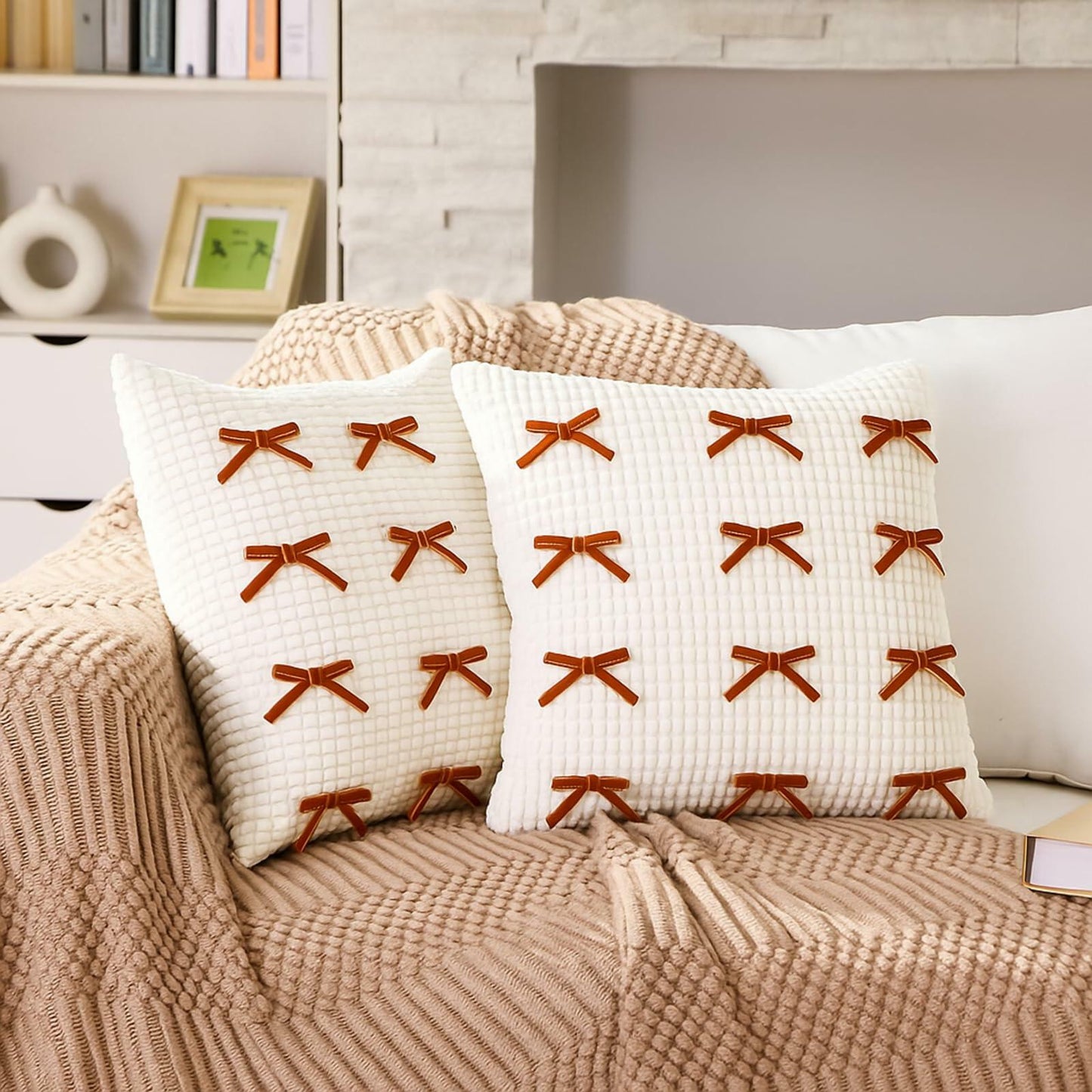 Decorative Bow Throw Pillow Covers 18x18 - 2pcs