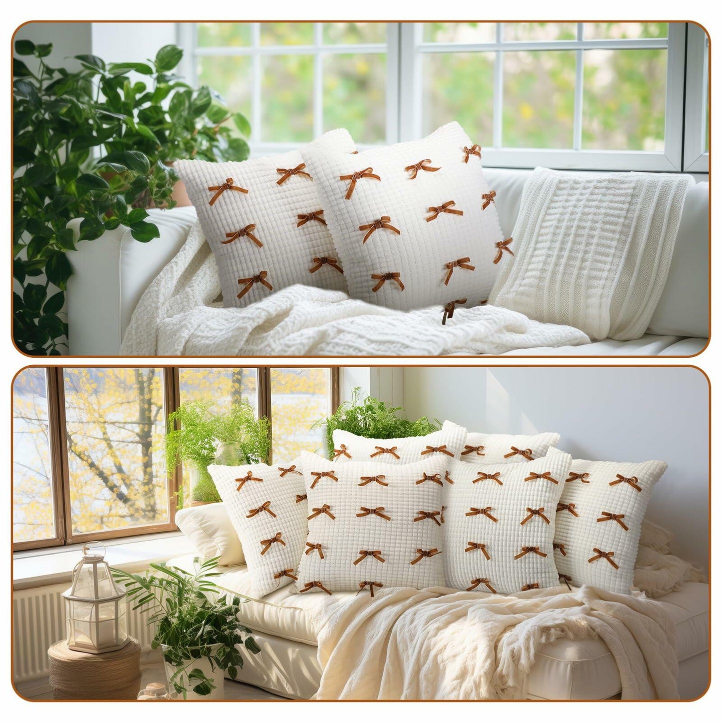 Decorative Bow Throw Pillow Covers 18x18 - 2pcs