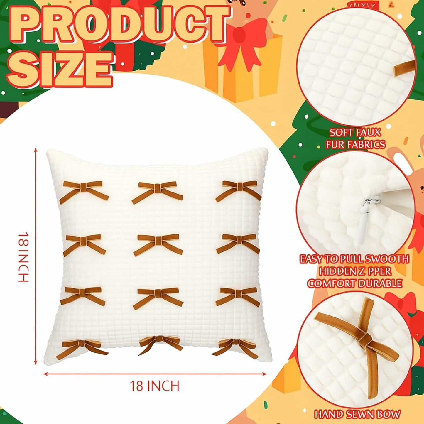 Decorative Bow Throw Pillow Covers 18x18 - 2pcs