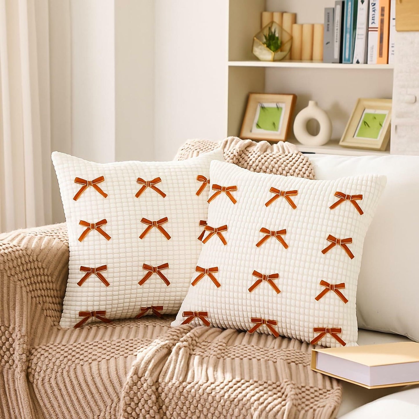 Decorative Bow Throw Pillow Covers 18x18 - 2pcs