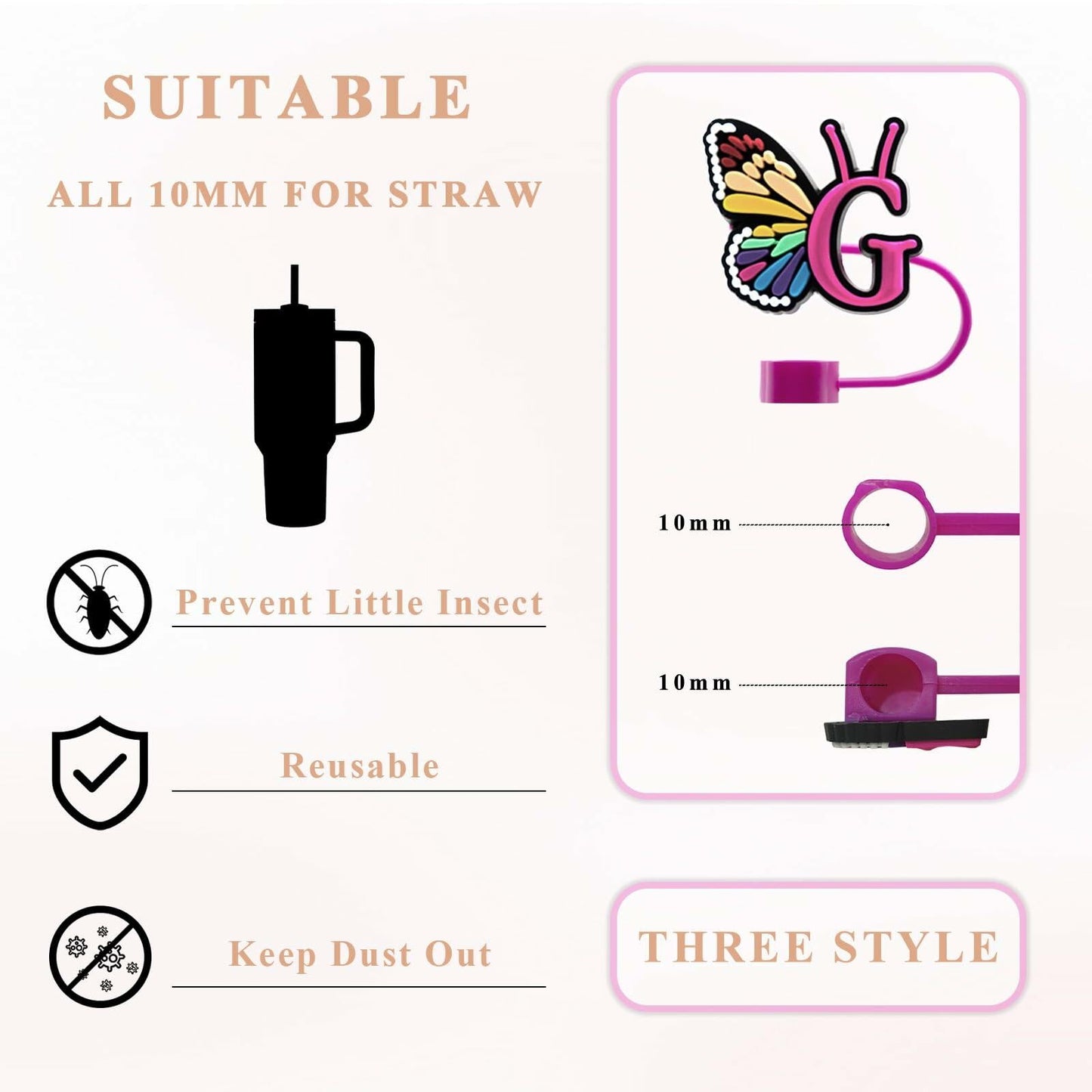 Stanley Cup Straw Covers 3-Pack with Personalized Initial Charms – 30 & 40oz