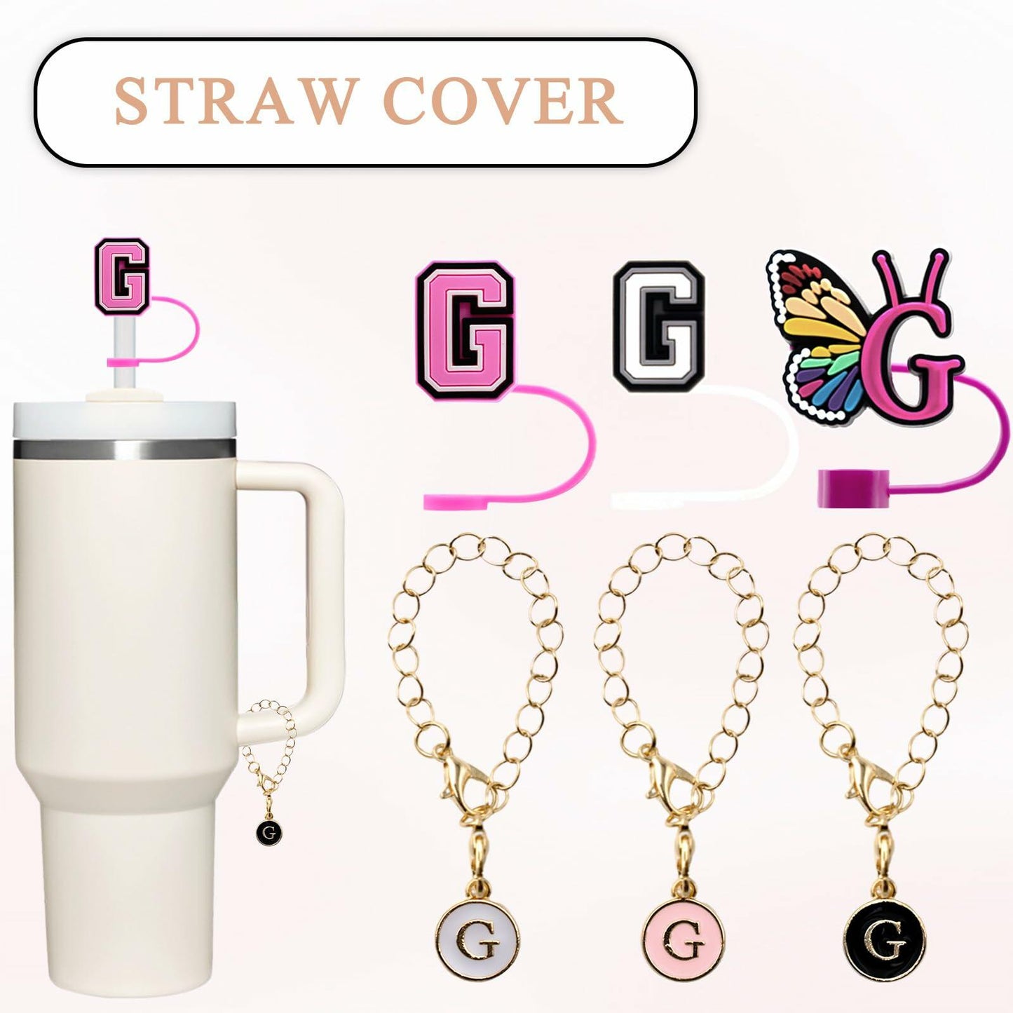 Stanley Cup Straw Covers 3-Pack with Personalized Initial Charms – 30 & 40oz