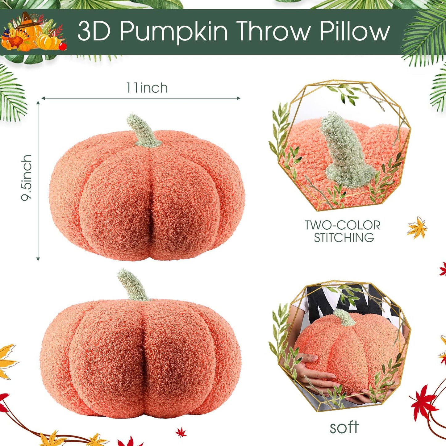 2 Pcs Pumpkin Pillow Plush 11x9.5 Inch