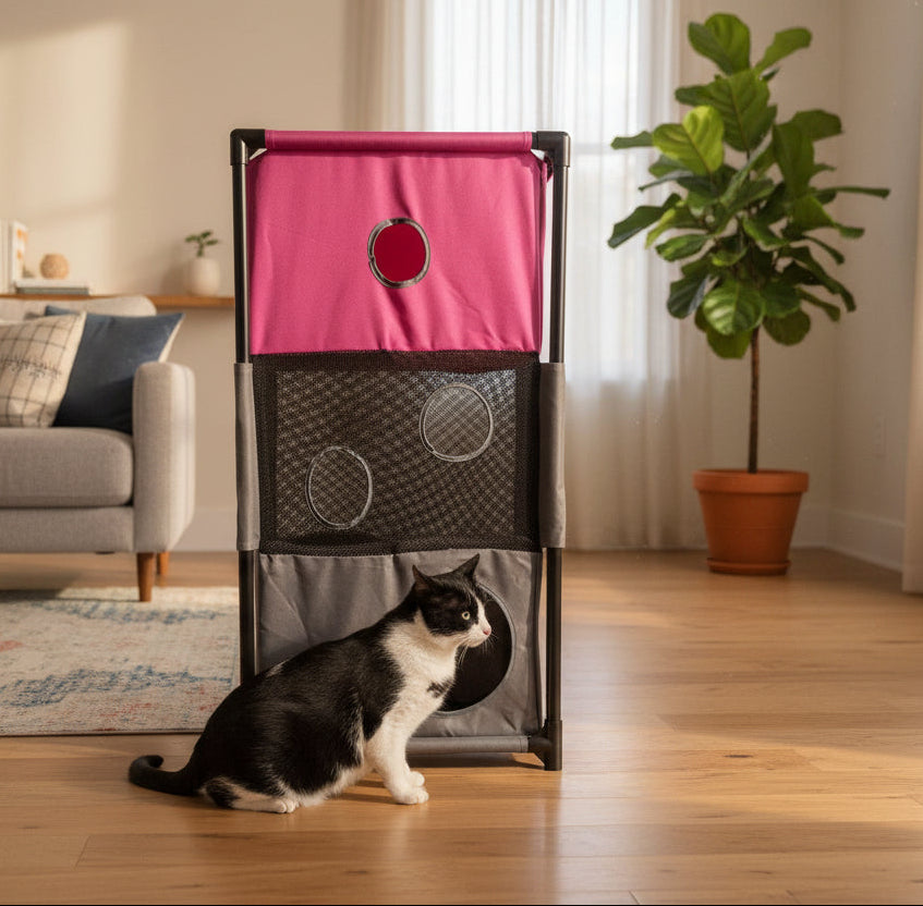 Pet Life ® 'Kitty-Square' Collapsible Travel Interactive Kitty Cat Tree Maze House Lounger Tunnel Lounge