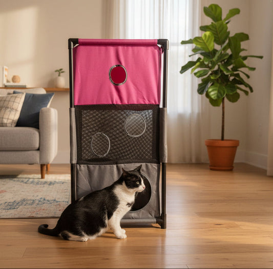 Pet Life ® 'Kitty-Square' Collapsible Travel Interactive Kitty Cat Tree Maze House Lounger Tunnel Lounge