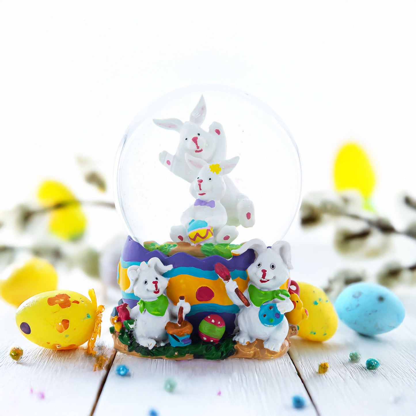 Spring Easter Egg Painting Rabbits Music Box Snow Globe 6 Inches Tall