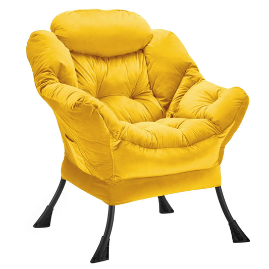 Yellow Velvet Upholstered Lazy Chair with Side Storage Bag