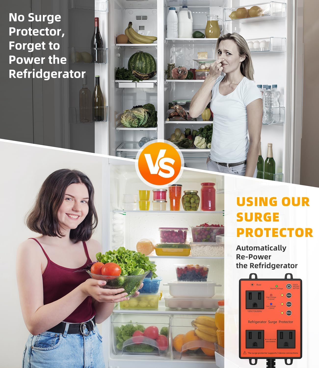 Refrigerator Surge Protector, 3-Outlet 120V