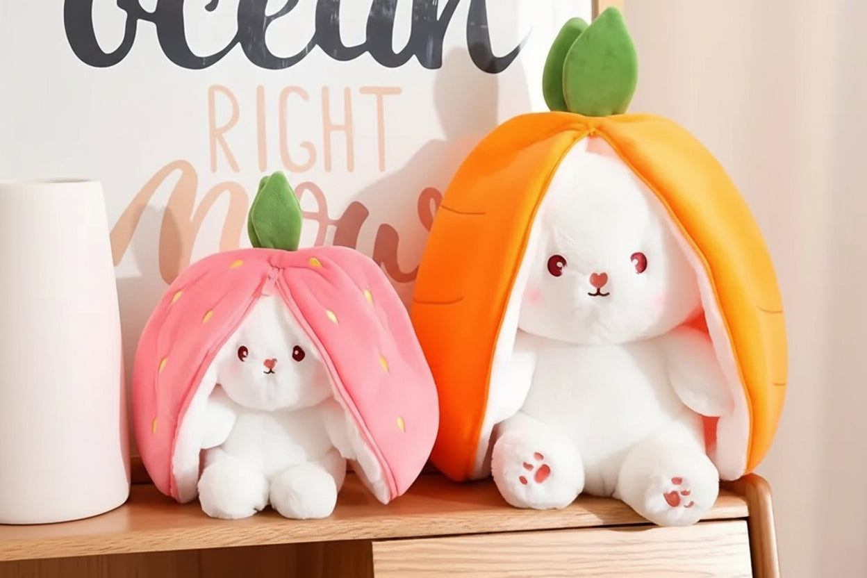 Reversible Strawberry Bunny Plush Toy Soft Polyester Kids Easter Basket Stuffer Gift Birthday Surprise for Girls and Boys