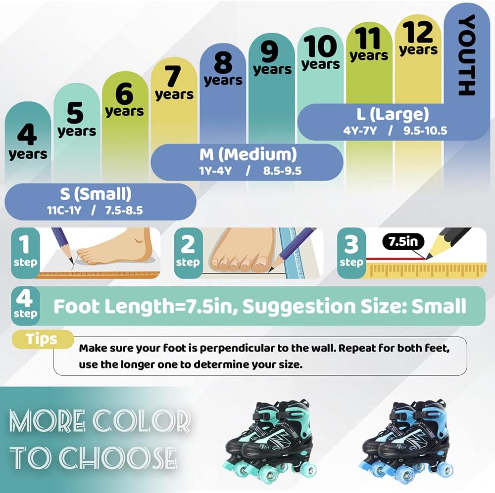 LIRENGUI Boys Girls Roller Skates (Size 4-7)