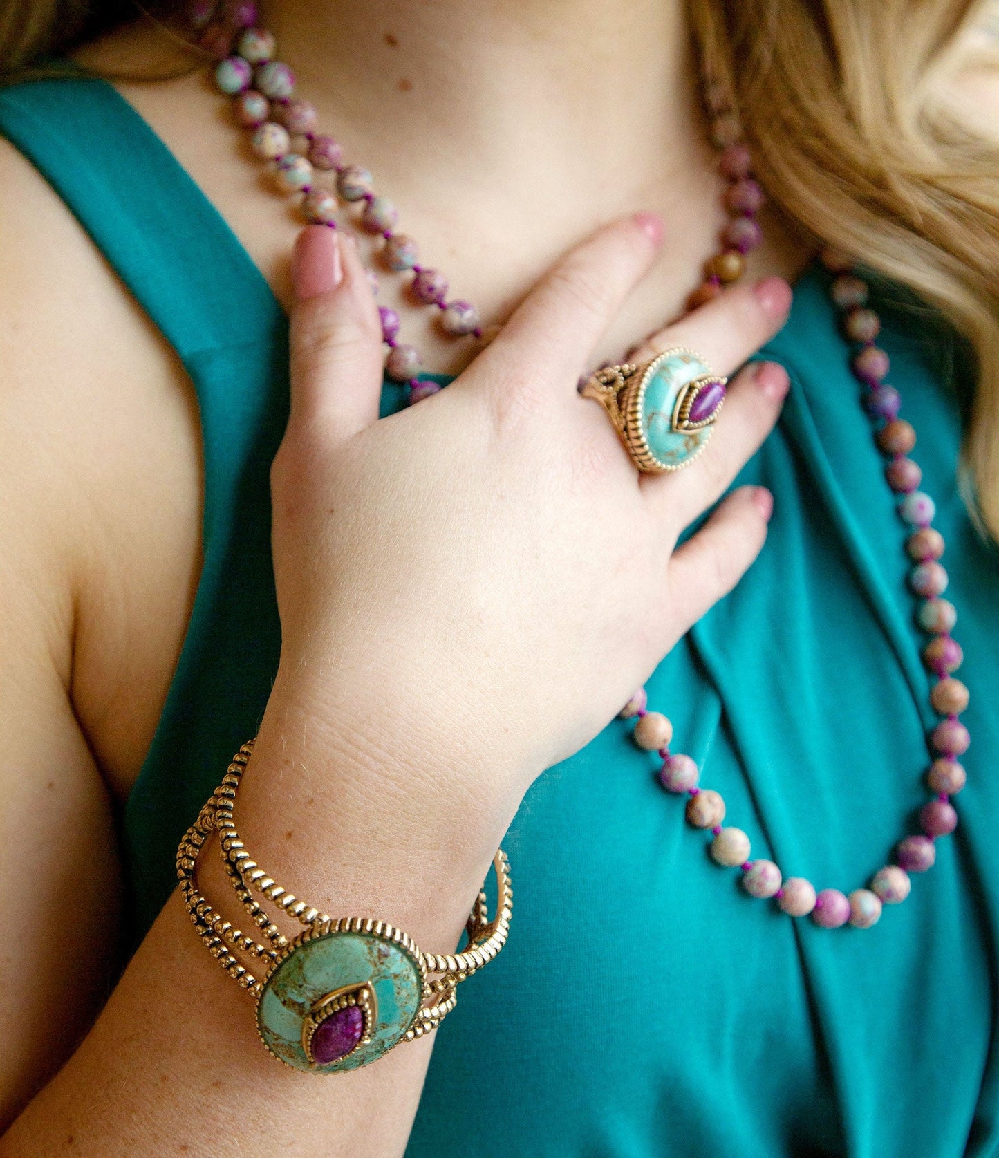 Stacked Stone Blue and Purple Turquoise Golden Ring