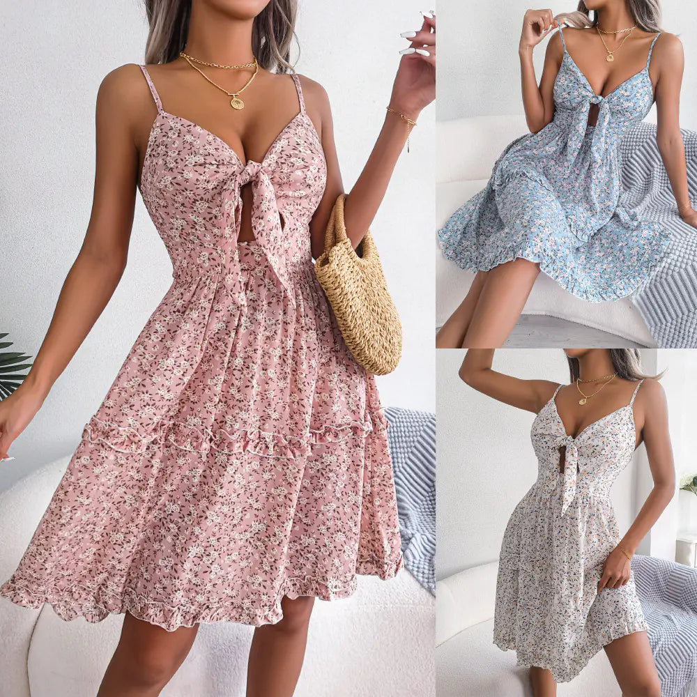 Floral Bow V-Neck Ruffled Maxi Dress
