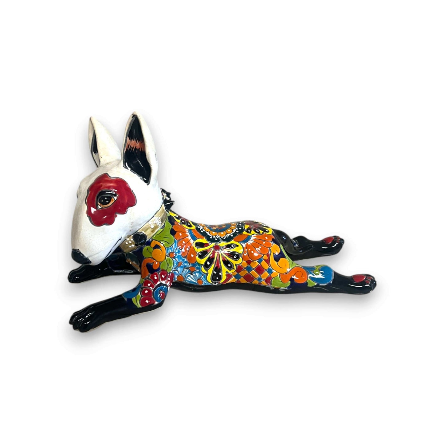 Talavera Bull Terrier Statue | Hand-Painted Colorful Dog Sculpture