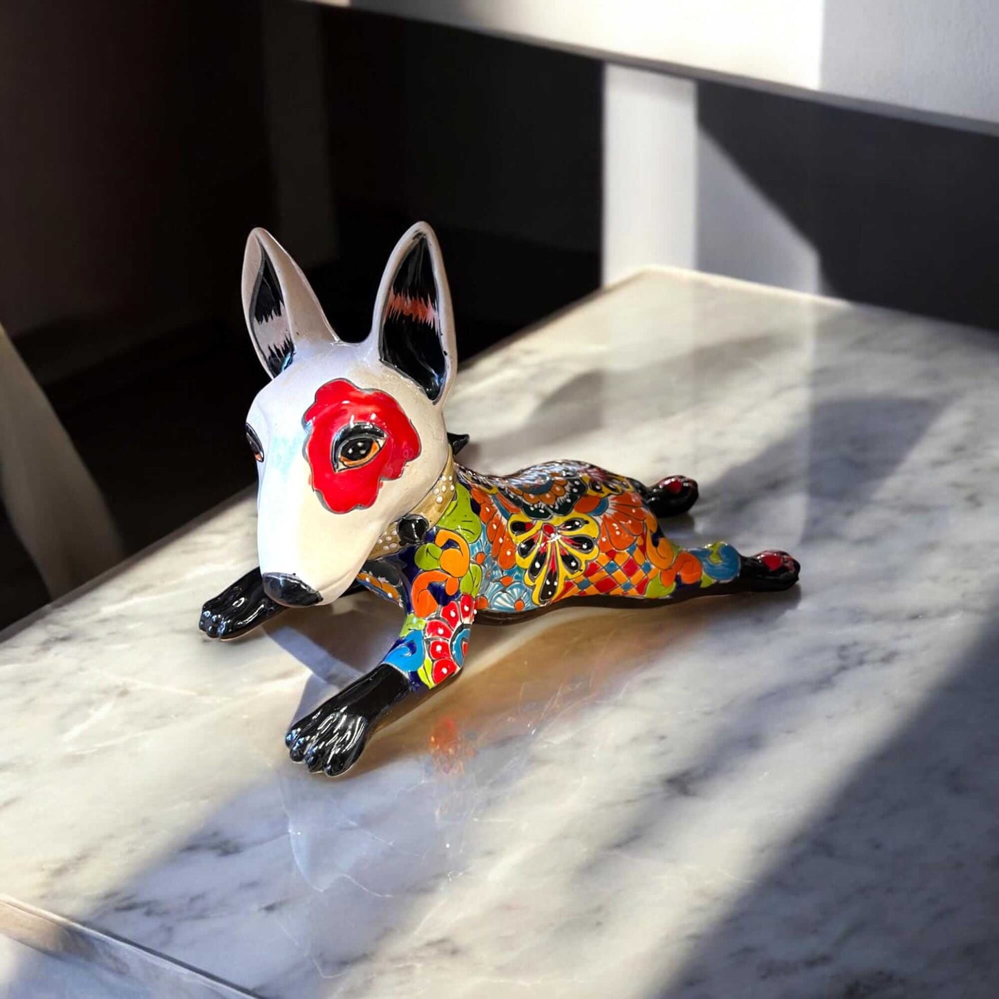 Talavera Bull Terrier Statue | Hand-Painted Colorful Dog Sculpture