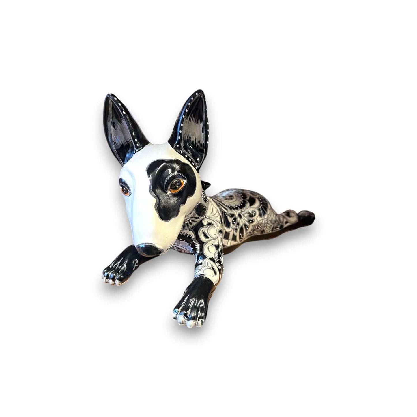 Talavera Bull Terrier Statue | Hand-Painted Colorful Dog Sculpture