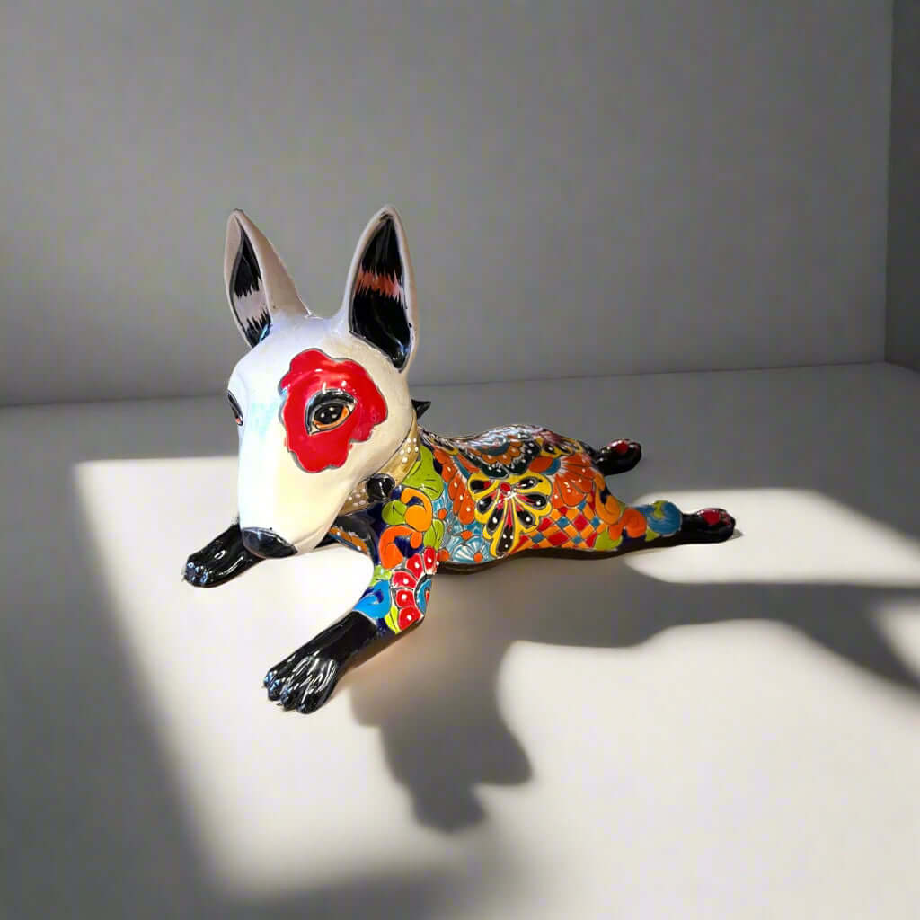 Talavera Bull Terrier Statue | Hand-Painted Colorful Dog Sculpture