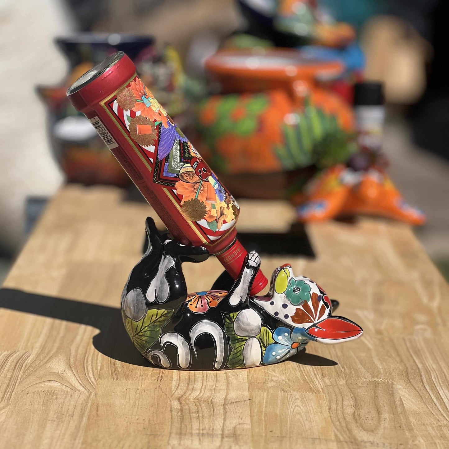 Talavera Chihuahua Bottle Holder | Hand-Painted Mexican Dog Statue