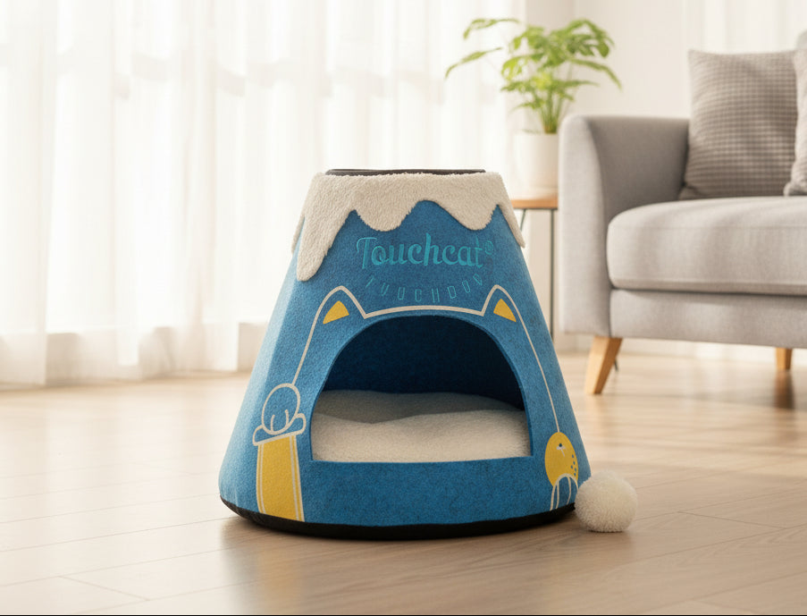 Touchcat ® 'Molten Lava' Triangular Frashion Designer Pet Kitty Cat Bed House Lounge Lounger w/ Hanging Teaser Toy