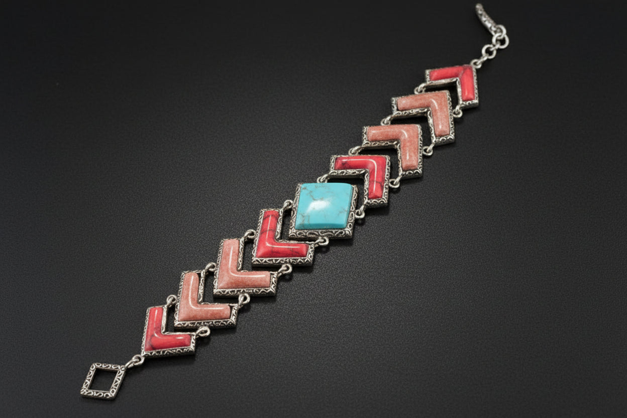 Green Turquoise and Coral Tapestry Golden Link Bracelet