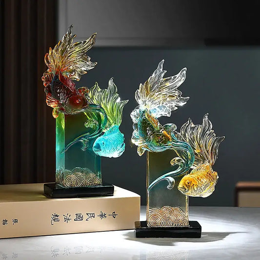 Vibrant gradient goldfish resin sculpture living room decor
