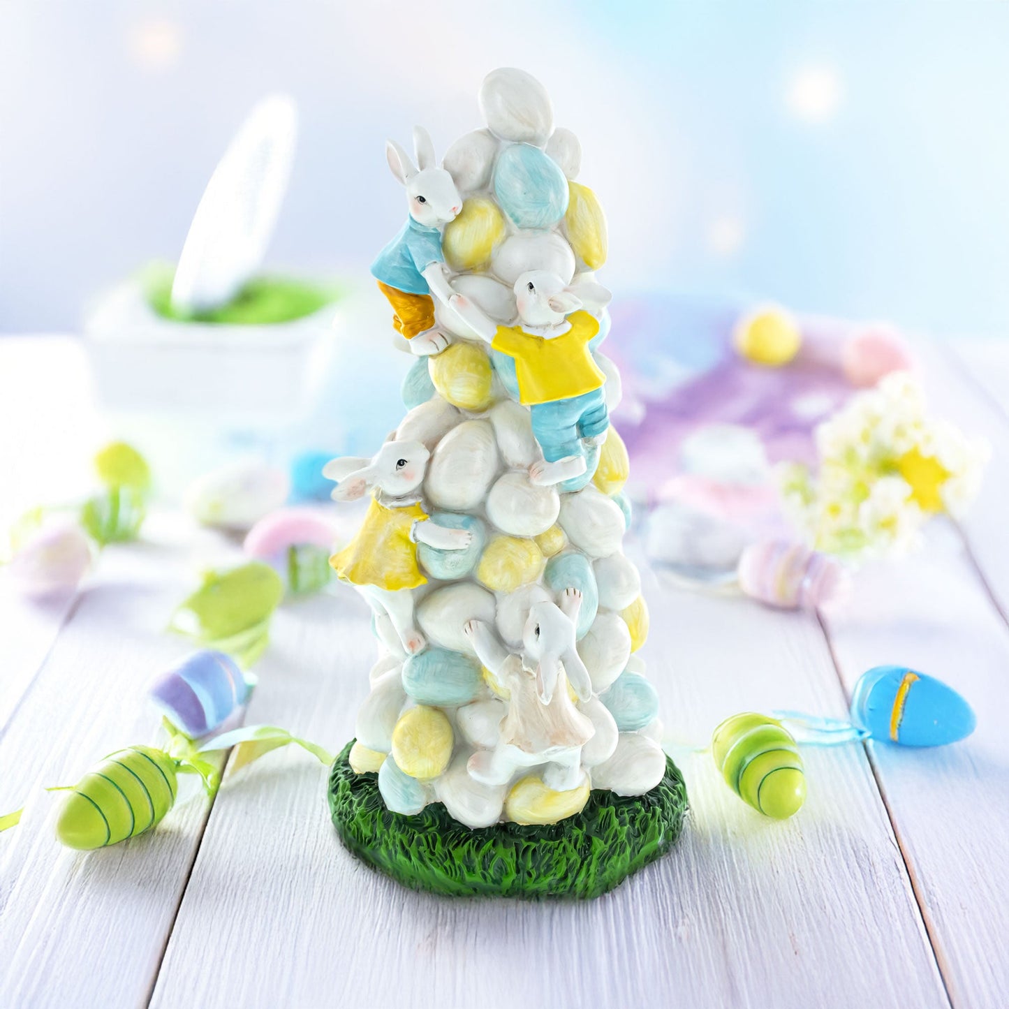 Easter Bunny Climbing Egg Tower Decor 10.6 Inches