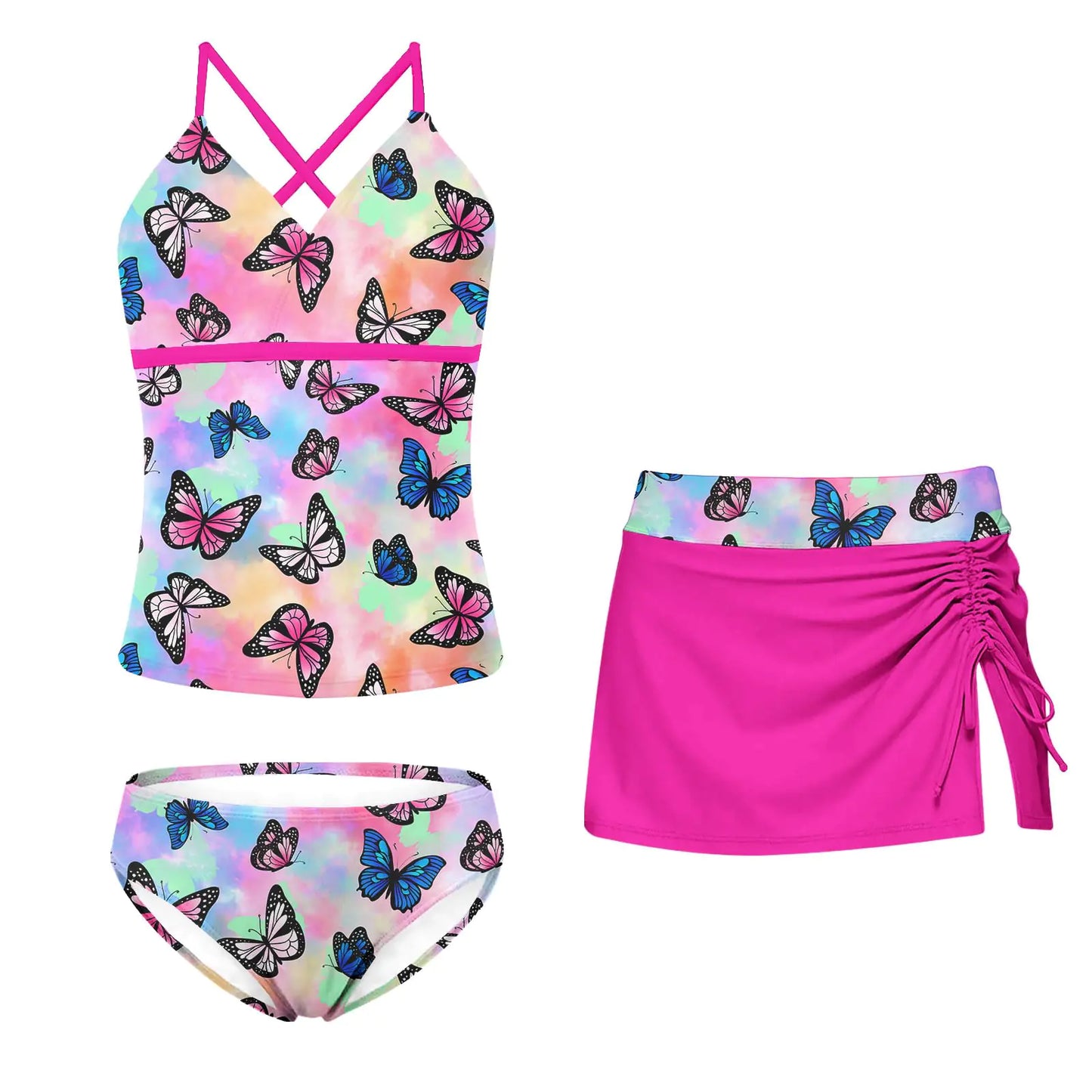 Girls 3 Piece Butterfly Tankini Swimsuit Set 11-12 Years