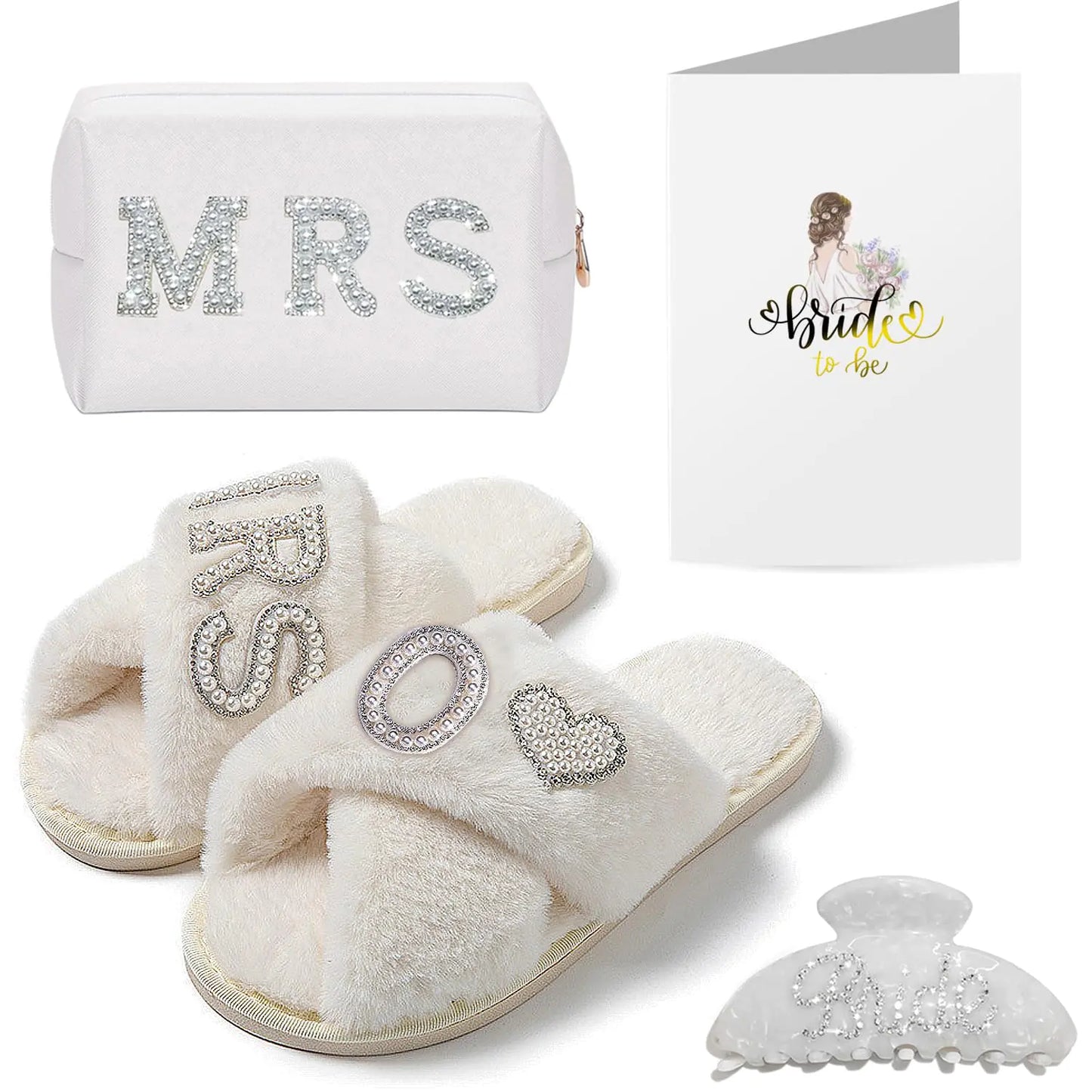 Initial Bride Gifts Personalized Bridal Shower Gifts Set MRS Cosmetic Bag Bride Hair Clip Wedding Gifts for Bride Pearl Rhinestone Bride Gifts for Women (O)