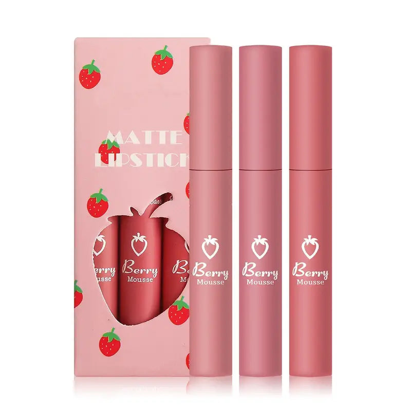 3 Colors Strawberry Matte Lipstick - Long Lasting Velvet Finish